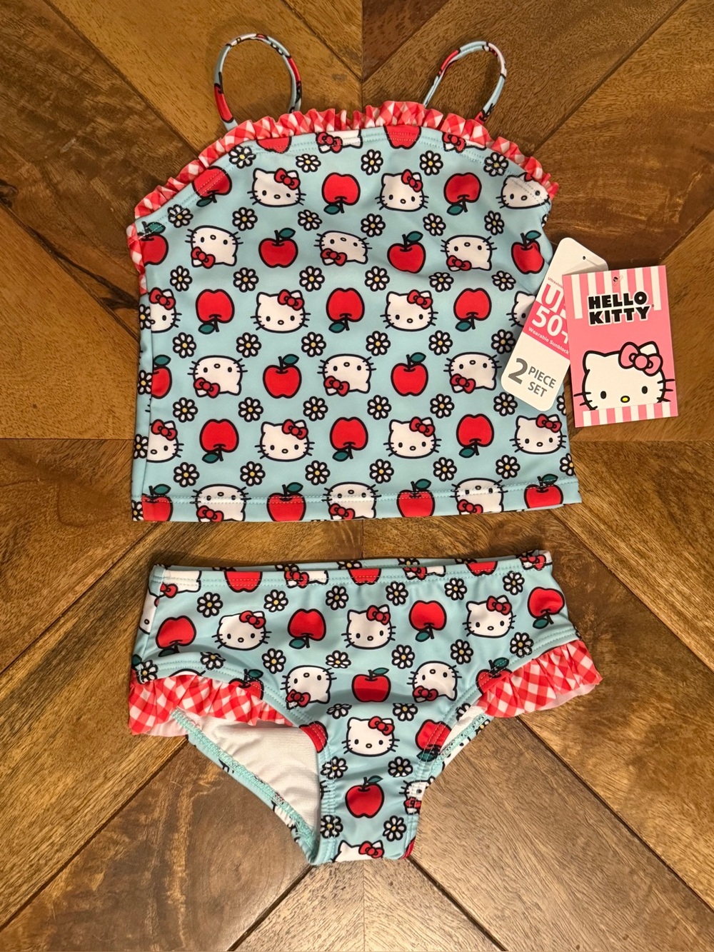Hello Kitty Girls’ 2-Piece Tankini Swimsuit Apple Print UPF 50+ NWT